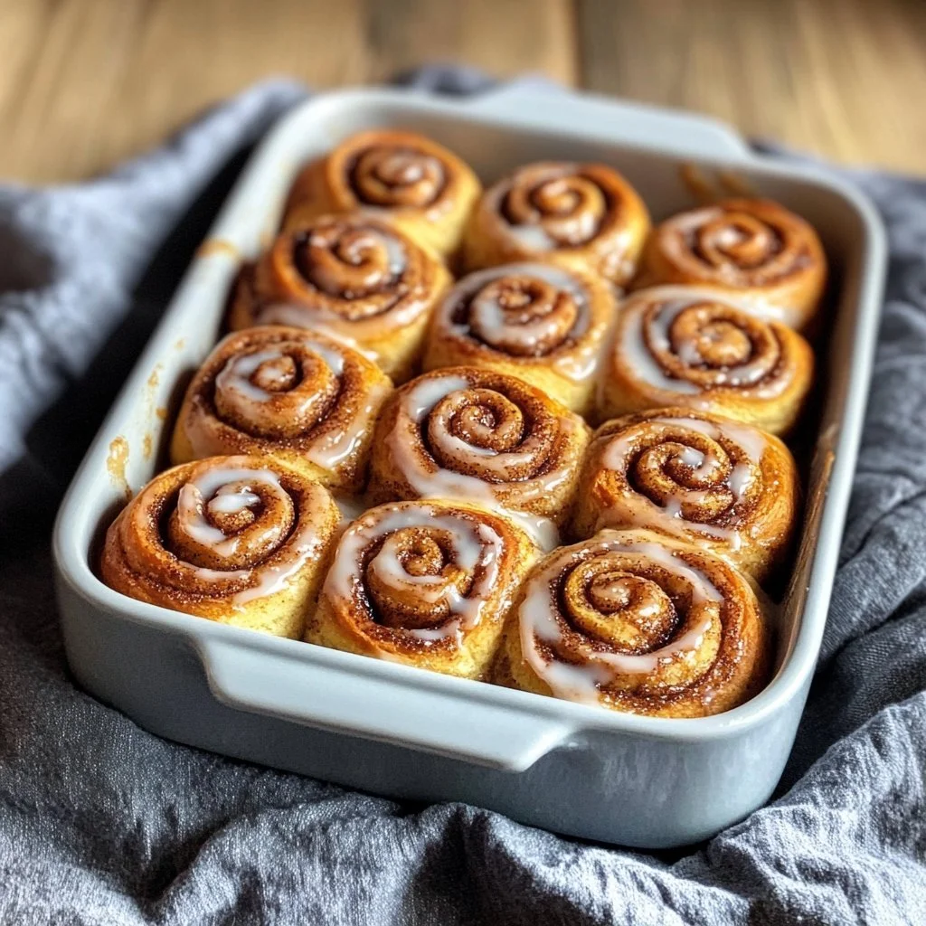 Freshly baked sourdough cinnamon rolls with icing on top.