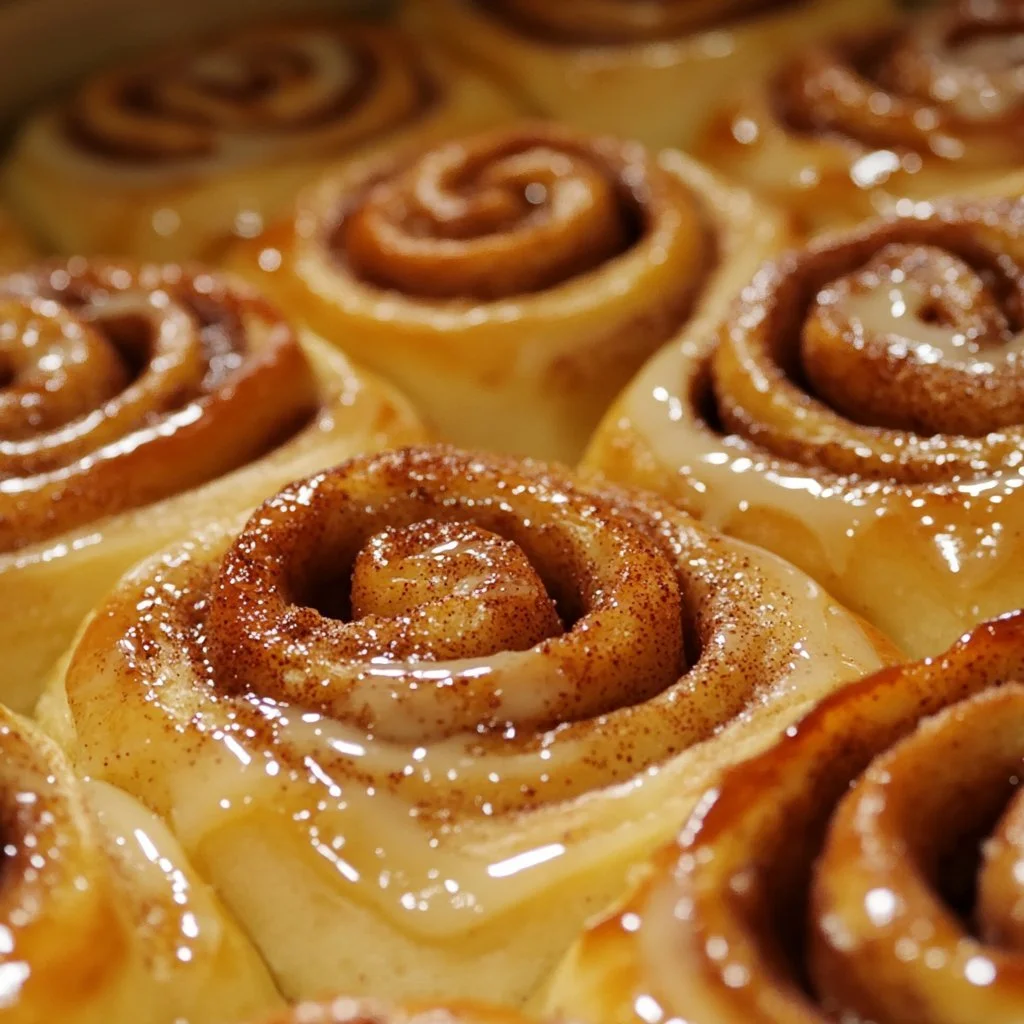 Delicious homemade sourdough cinnamon rolls topped with creamy icing.