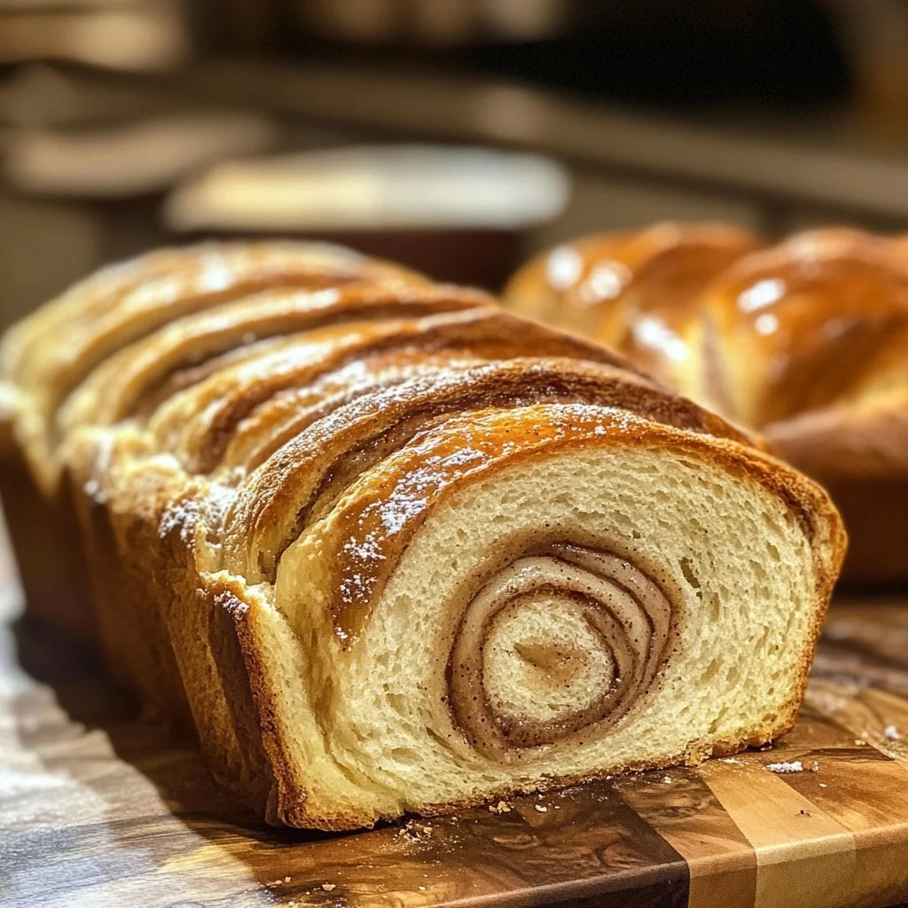 Loaf of freshly baked sourdough cinnamon sugar bread topped with cinnamon sugar.