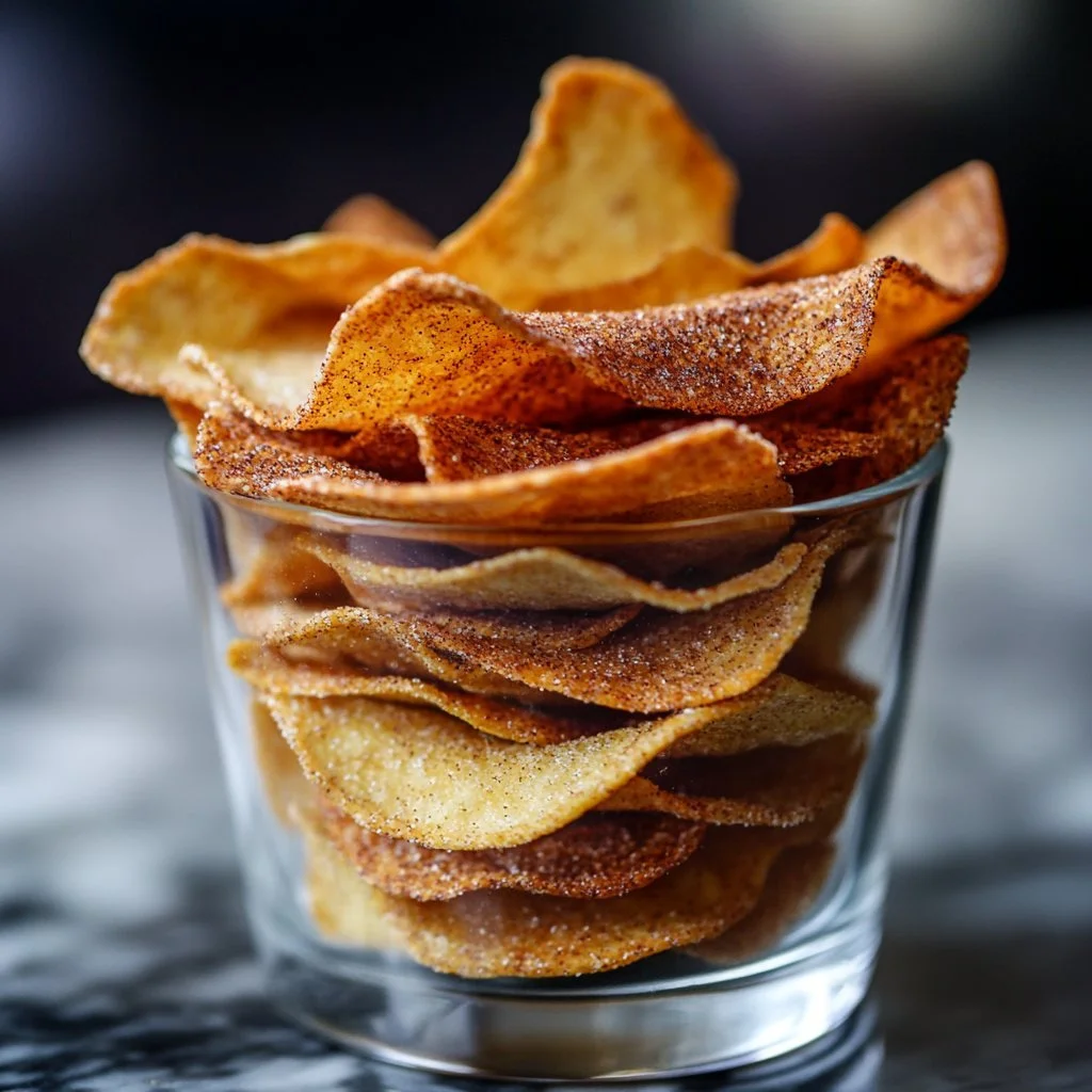 Homemade sourdough cinnamon sugar crisps on a rustic wooden table.