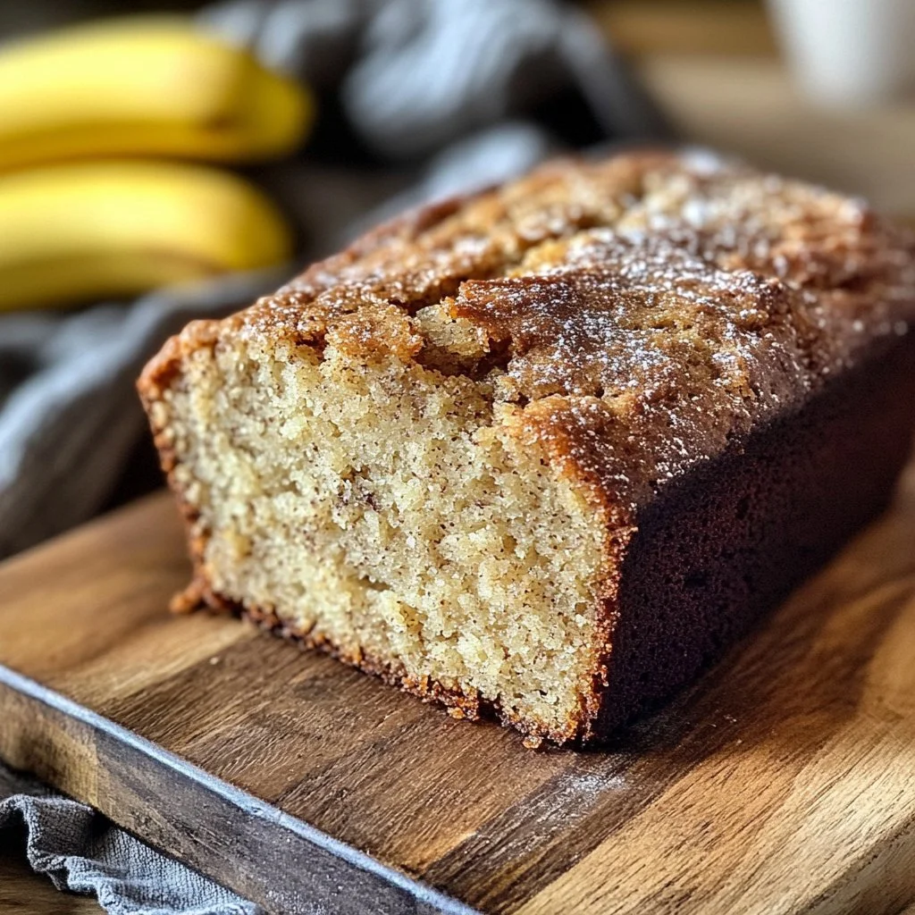 Sourdough Discard Banana Bread freshly baked and sliced on a wooden cutting board.