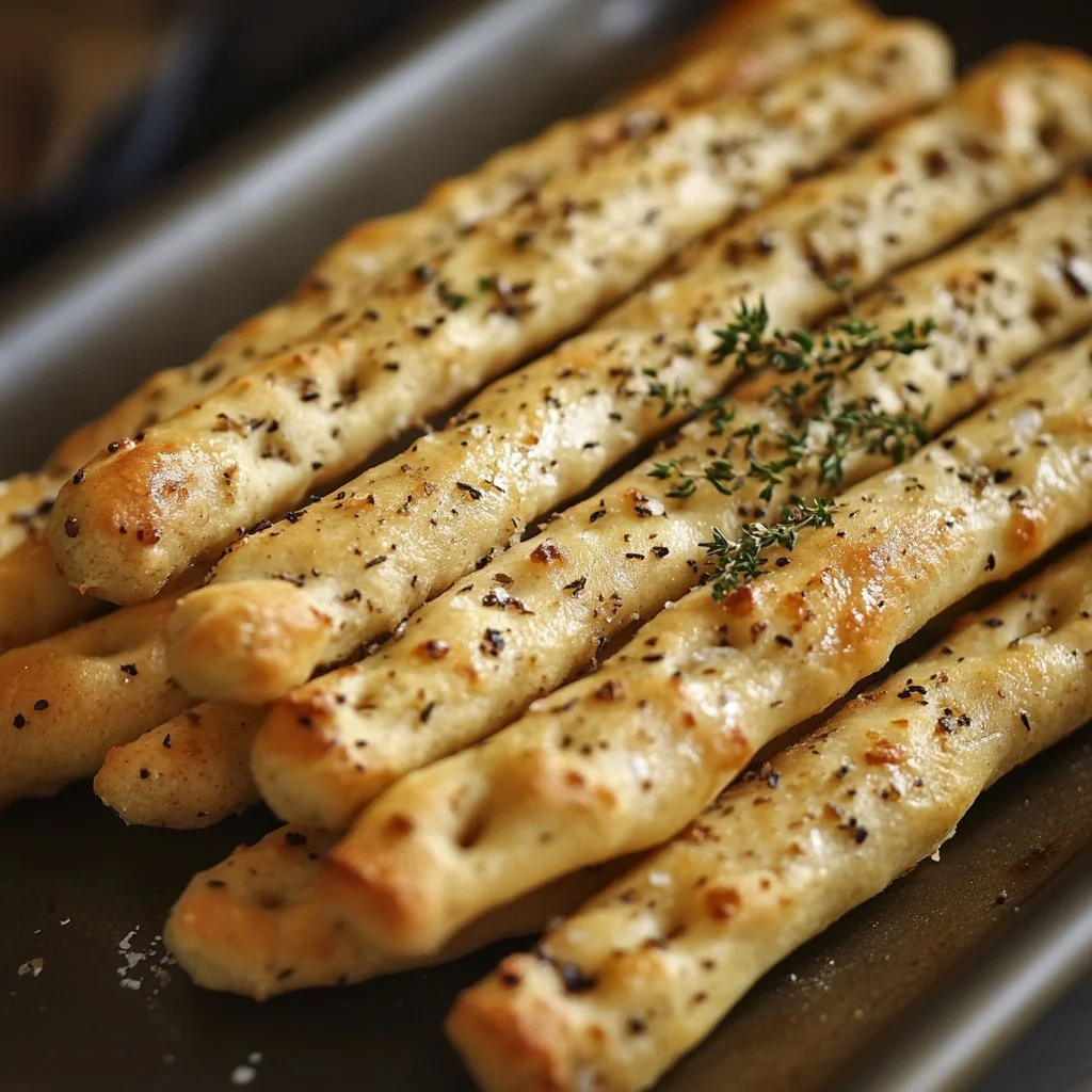 Plate of homemade sourdough discard breadsticks with herbs