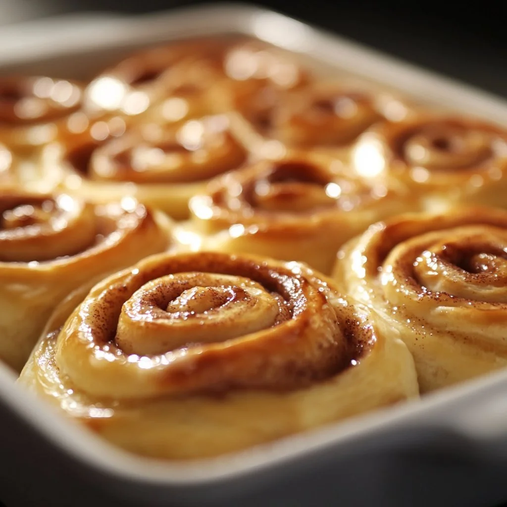 Freshly baked sourdough discard cinnamon rolls topped with icing