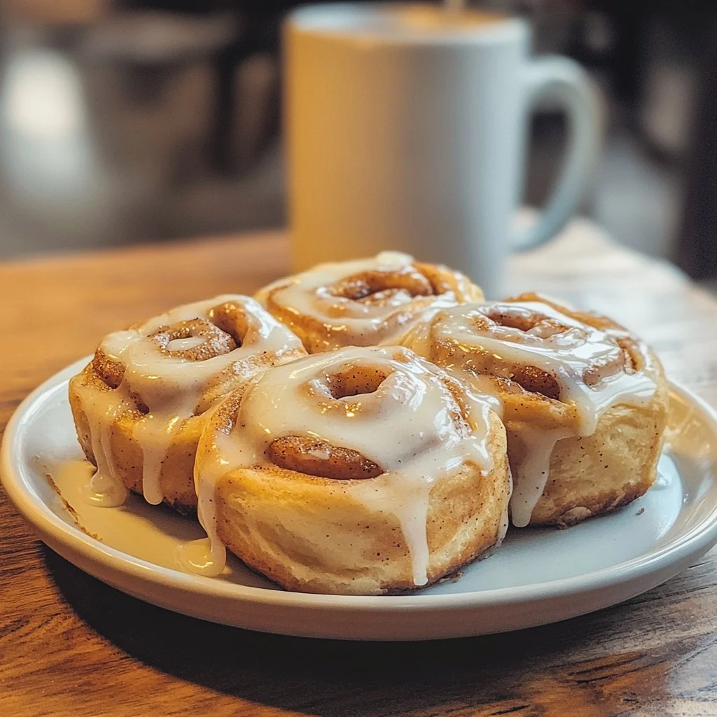 Freshly baked sourdough cinnamon rolls drizzled with icing