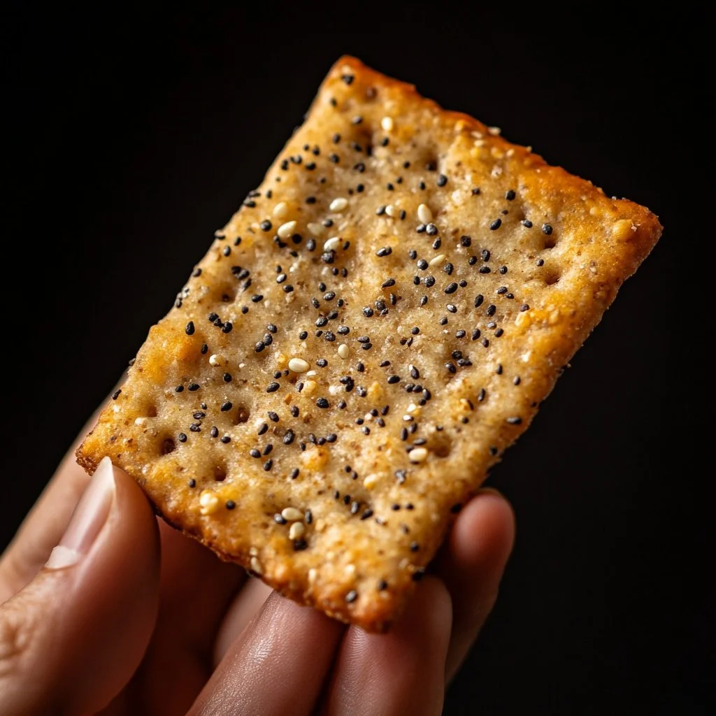 Homemade sourdough discard crackers on a wooden board