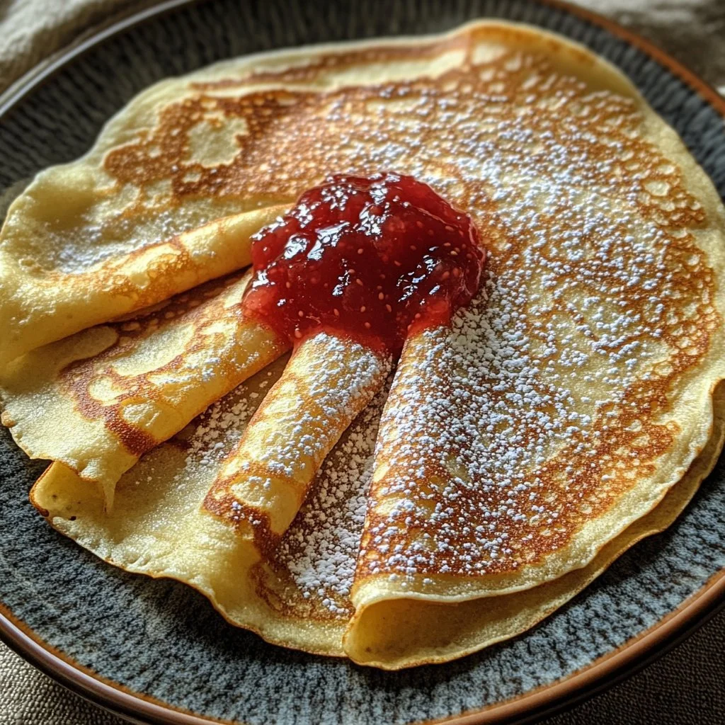 Delicious sourdough discard crepes served with fresh berries and syrup.