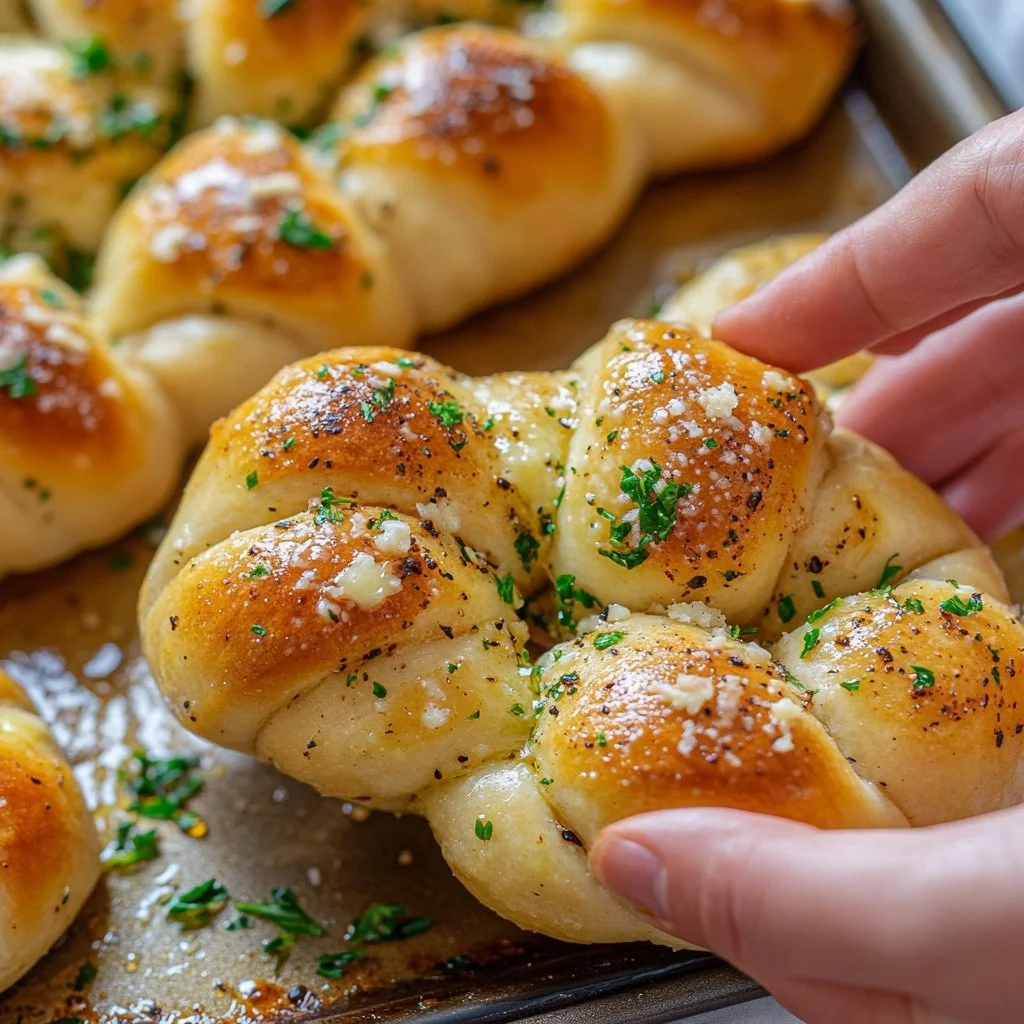 Freshly baked sourdough discard garlic knots with herbs and melted butter
