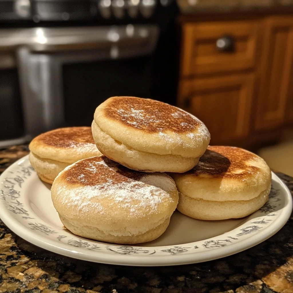 Fluffy sourdough English muffins freshly baked and served on a wooden table.