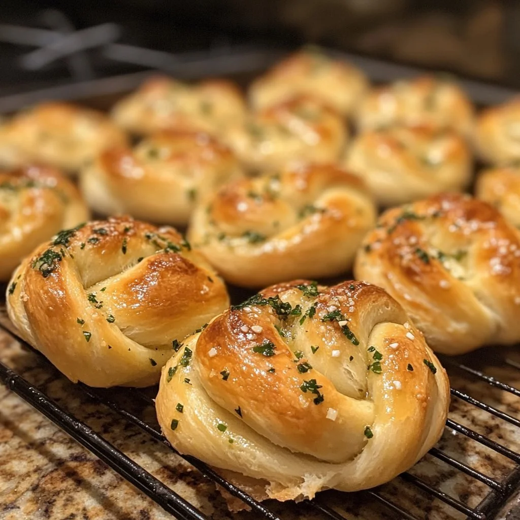 Freshly baked sourdough garlic knots with a golden crust and garlic topping.