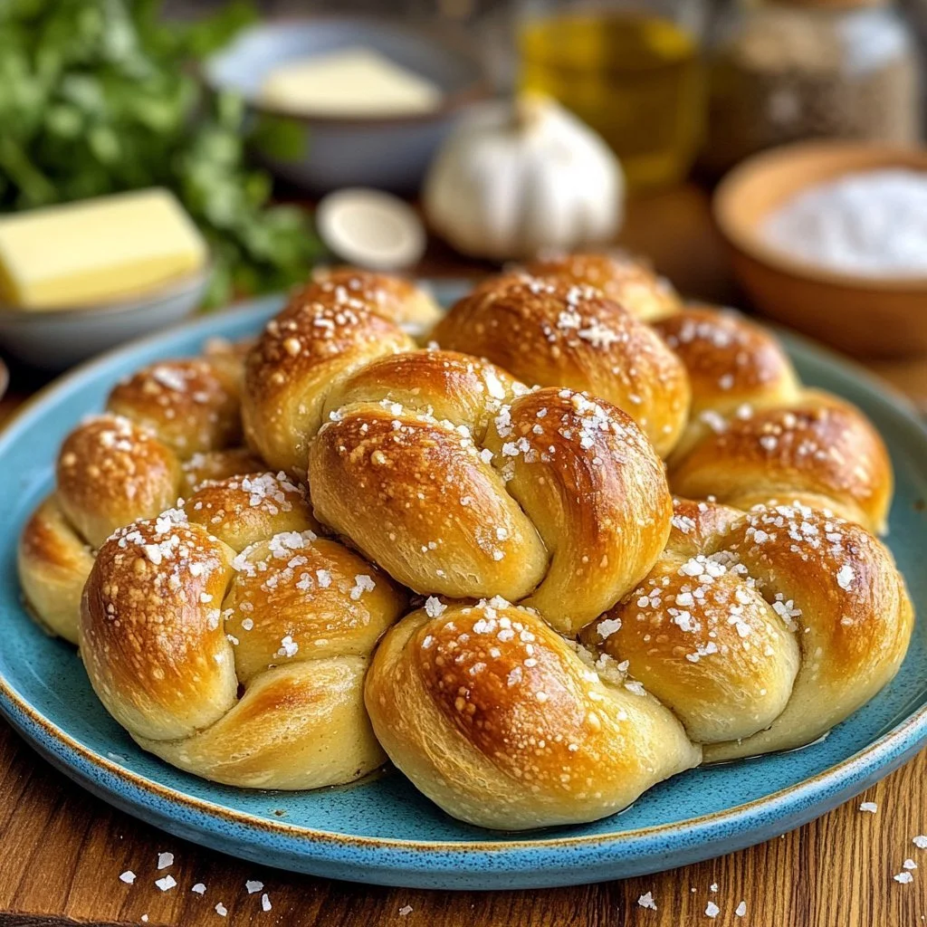 Freshly baked sourdough garlic knots on a wooden table