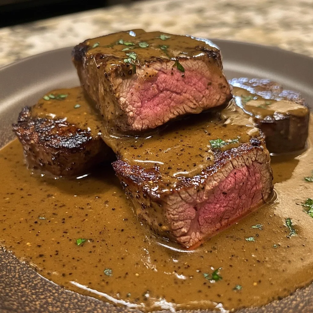 Southern Style venison steaks served with creamy peppered gravy