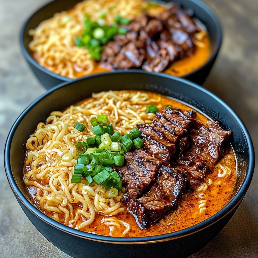 Bowl of spicy Korean ramen topped with grilled beef and creamy sauce.