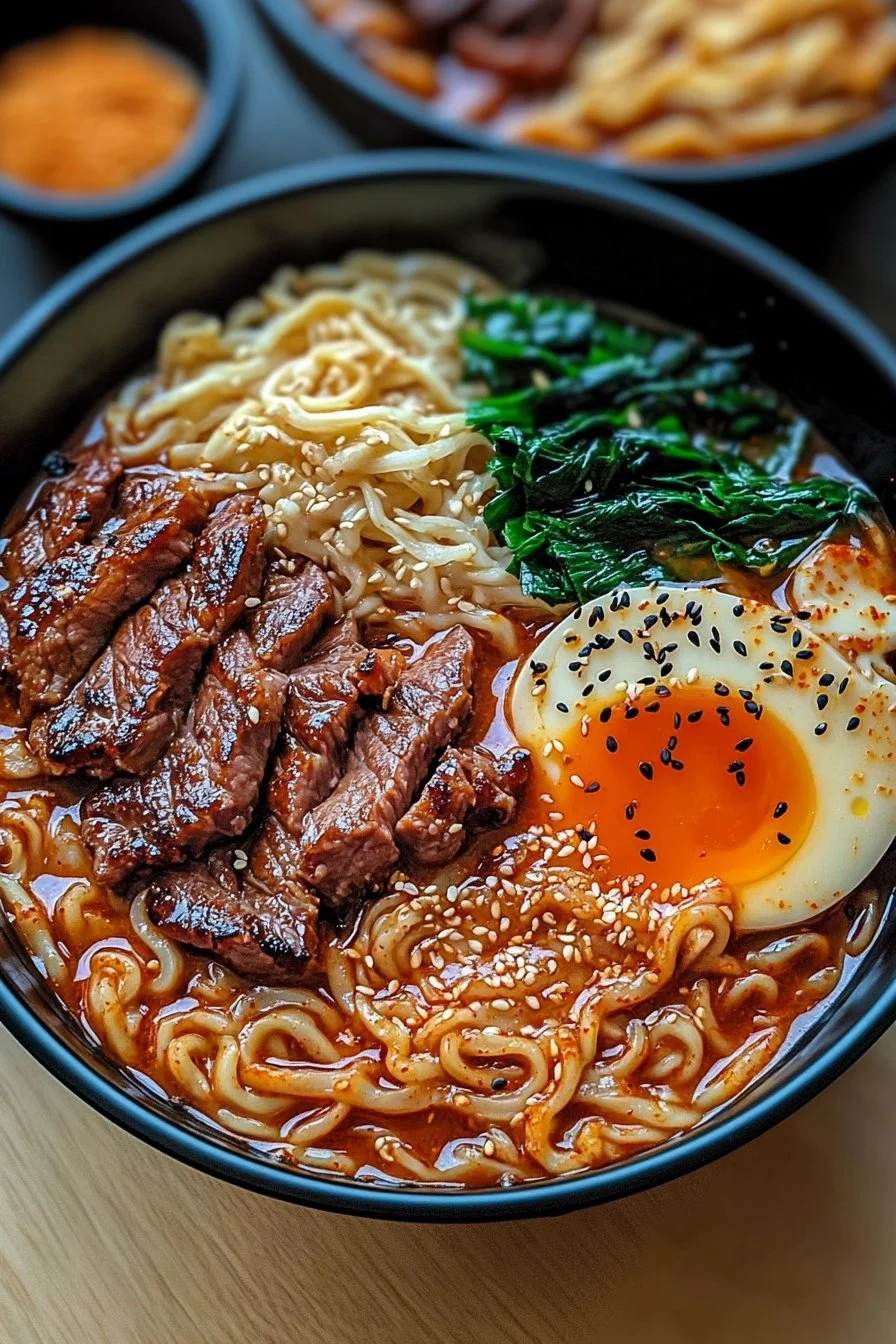 Spicy Korean Ramen with Grilled Beef & Creamy Sauce