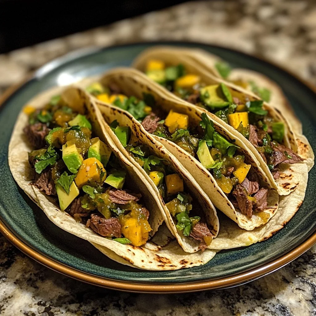 Spicy venison tacos garnished with avocado salsa on a wooden table