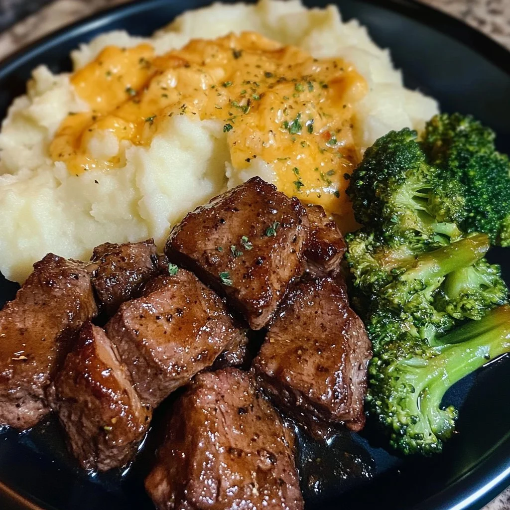 Savory steak bites served with broccoli and melted cheese