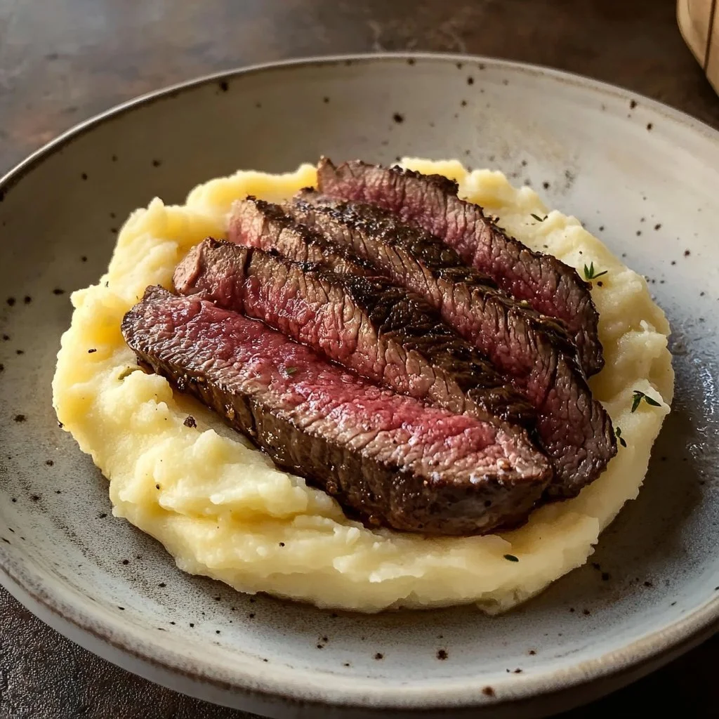 Juicy steak topped with creamy mushroom sauce served on a plate