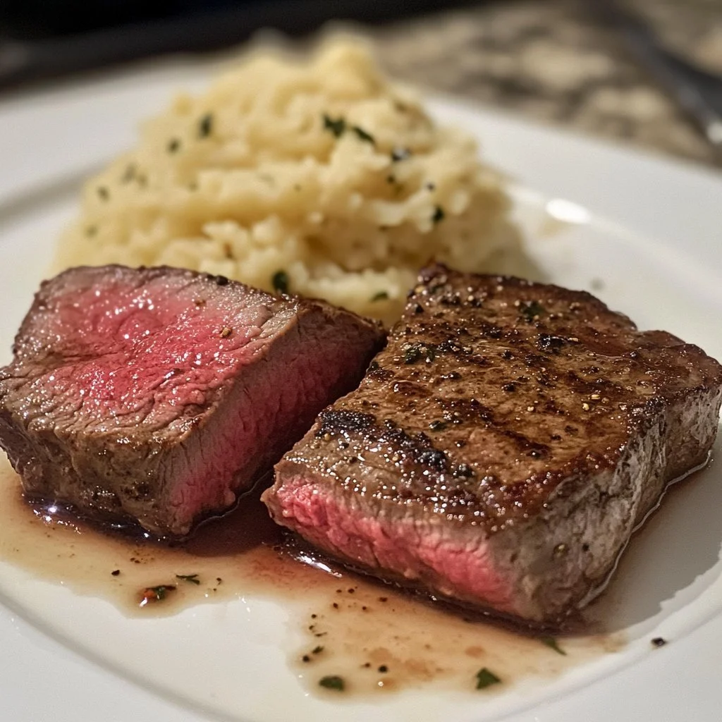 Steakhouse-style venison steak served with herbs and garlic