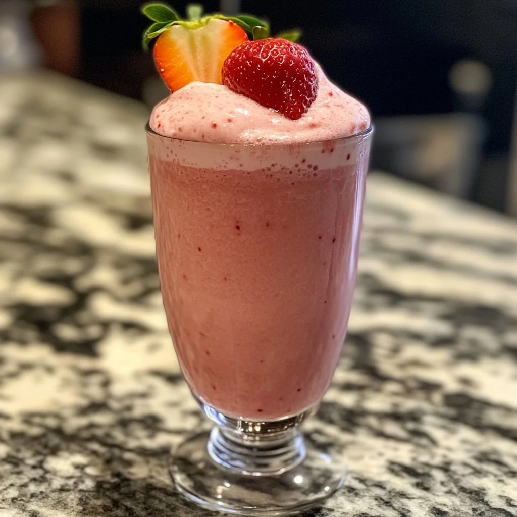 Delicious Strawberry Frappe topped with whipped cream and fresh strawberries
