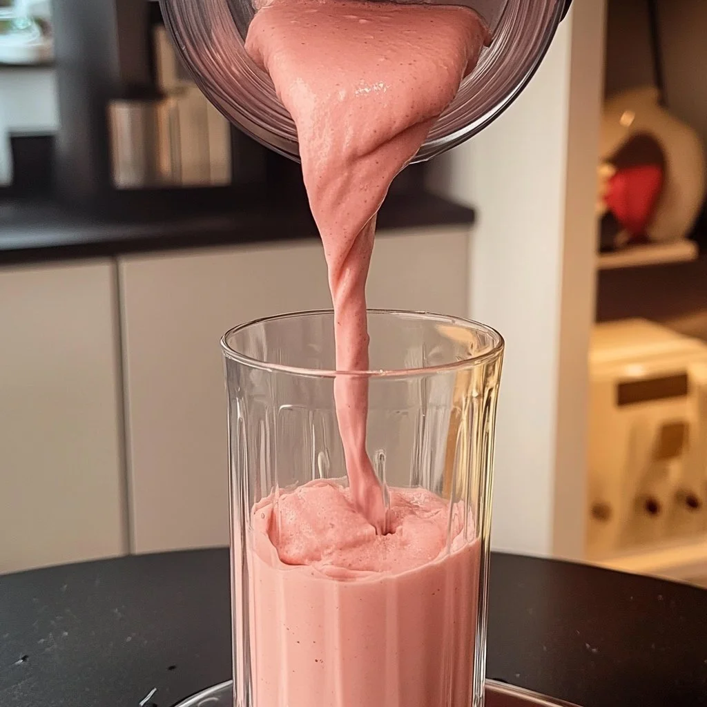 Vibrant strawberry smoothie in a glass with fresh strawberries on the side