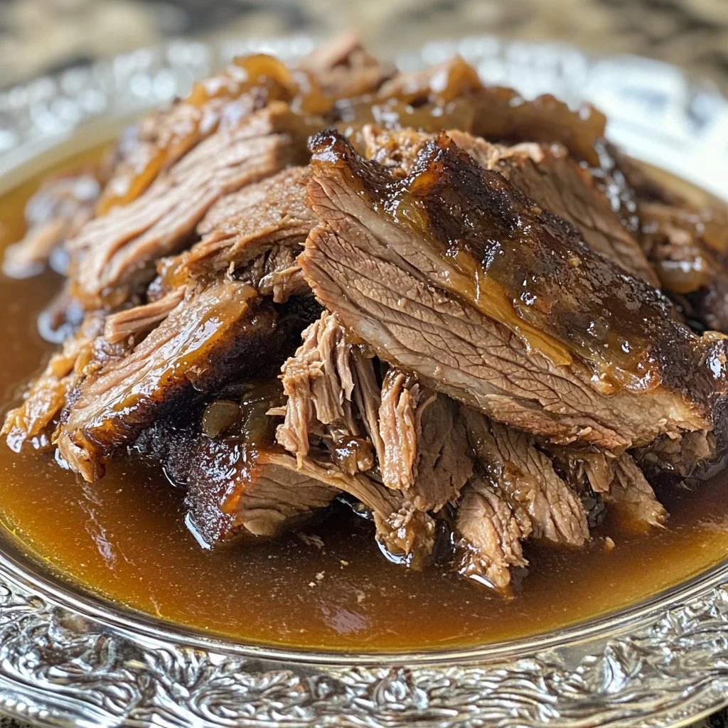 Delicious caramelized pulled beef brisket served on a plate with herbs.