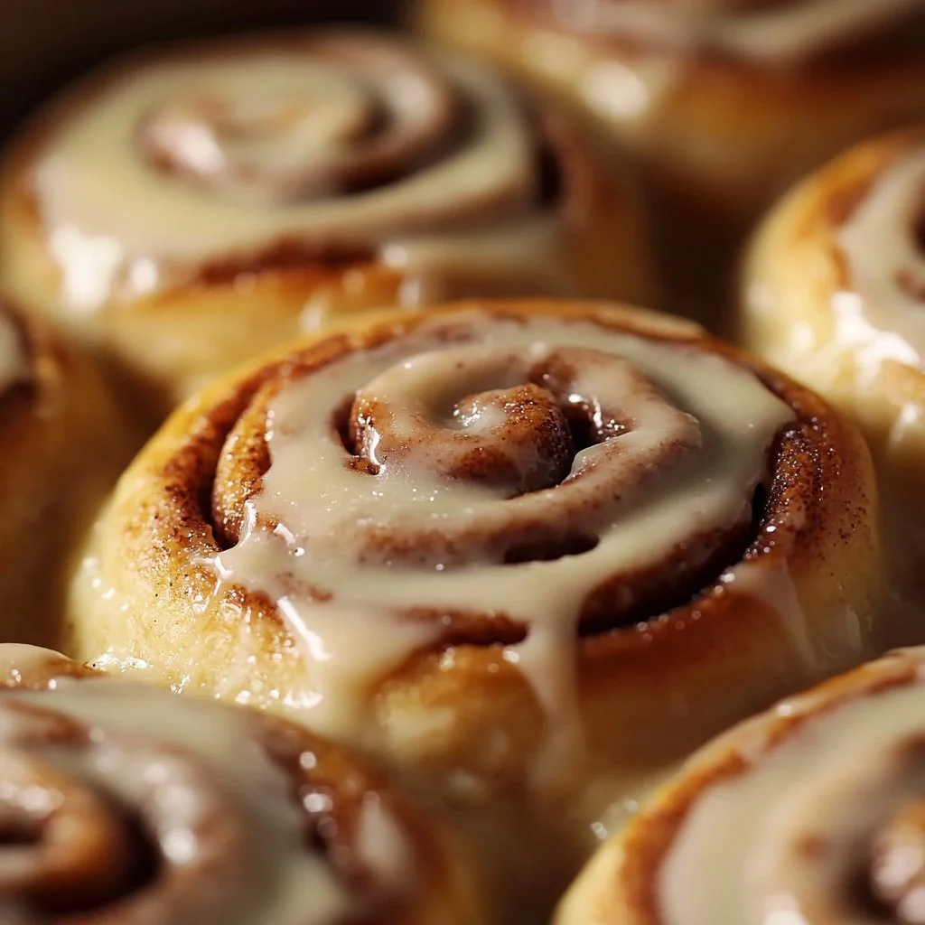 Delicious bread machine cinnamon rolls with cream cheese icing on a plate.
