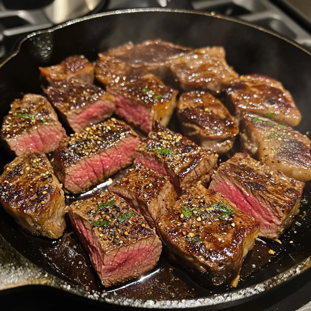 Cast iron venison steak cooked to perfection with herbs and spices