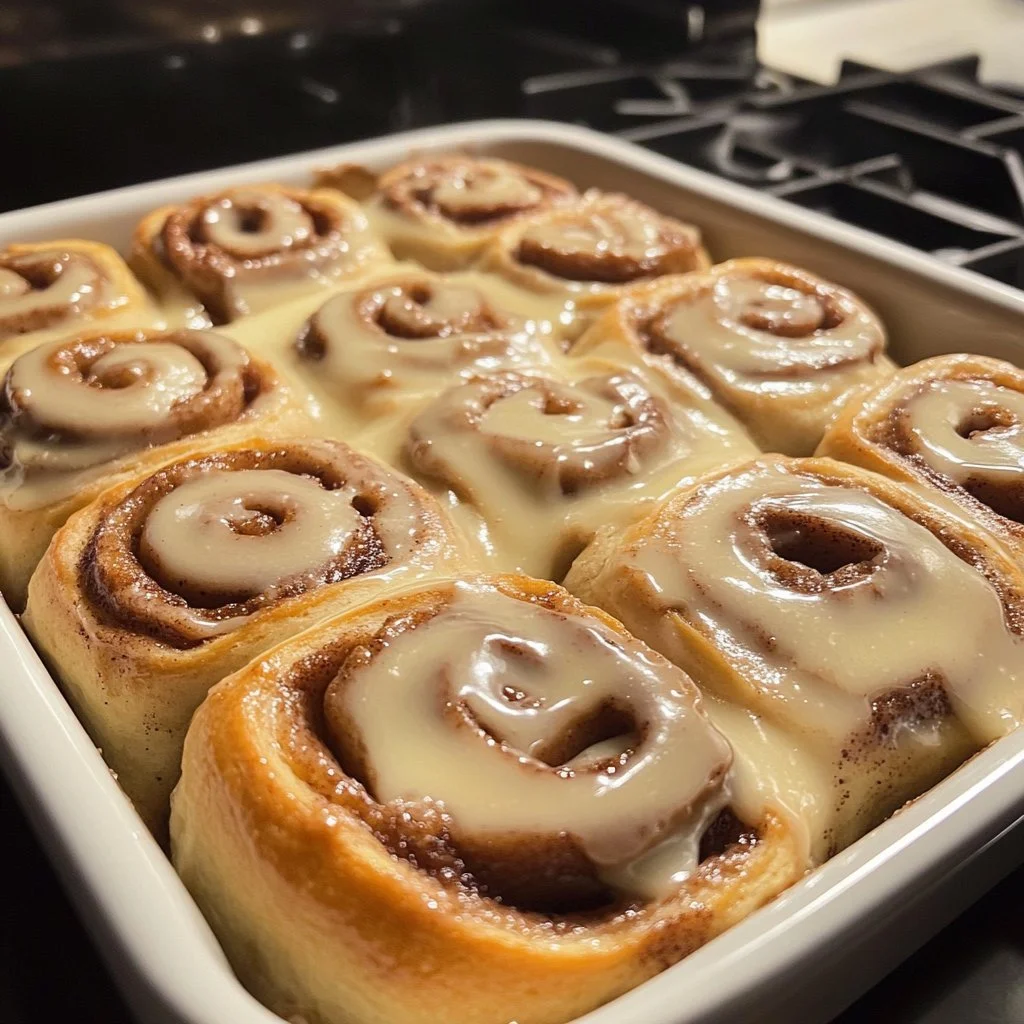 Delicious, freshly baked cinnamon rolls topped with icing.
