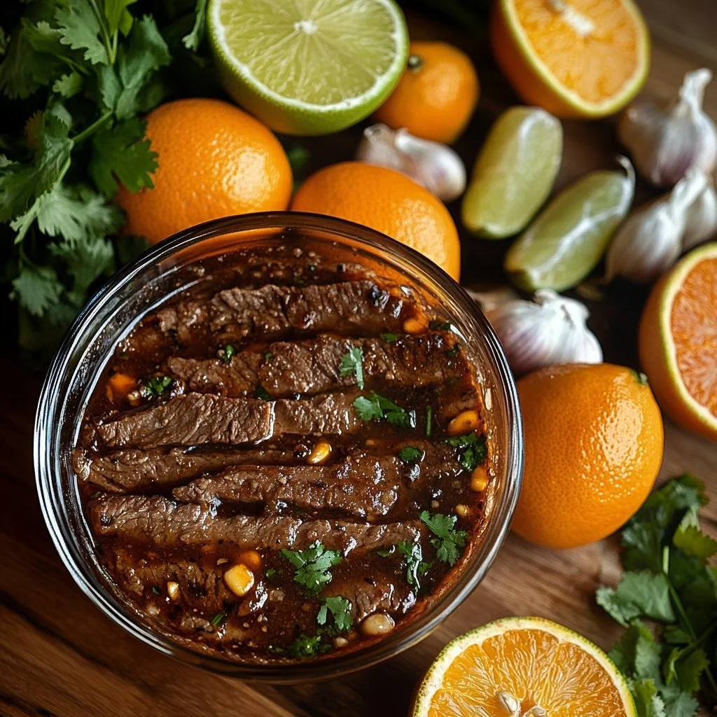 A bowl of carne asada marinade with fresh ingredients for flavorful grilling.