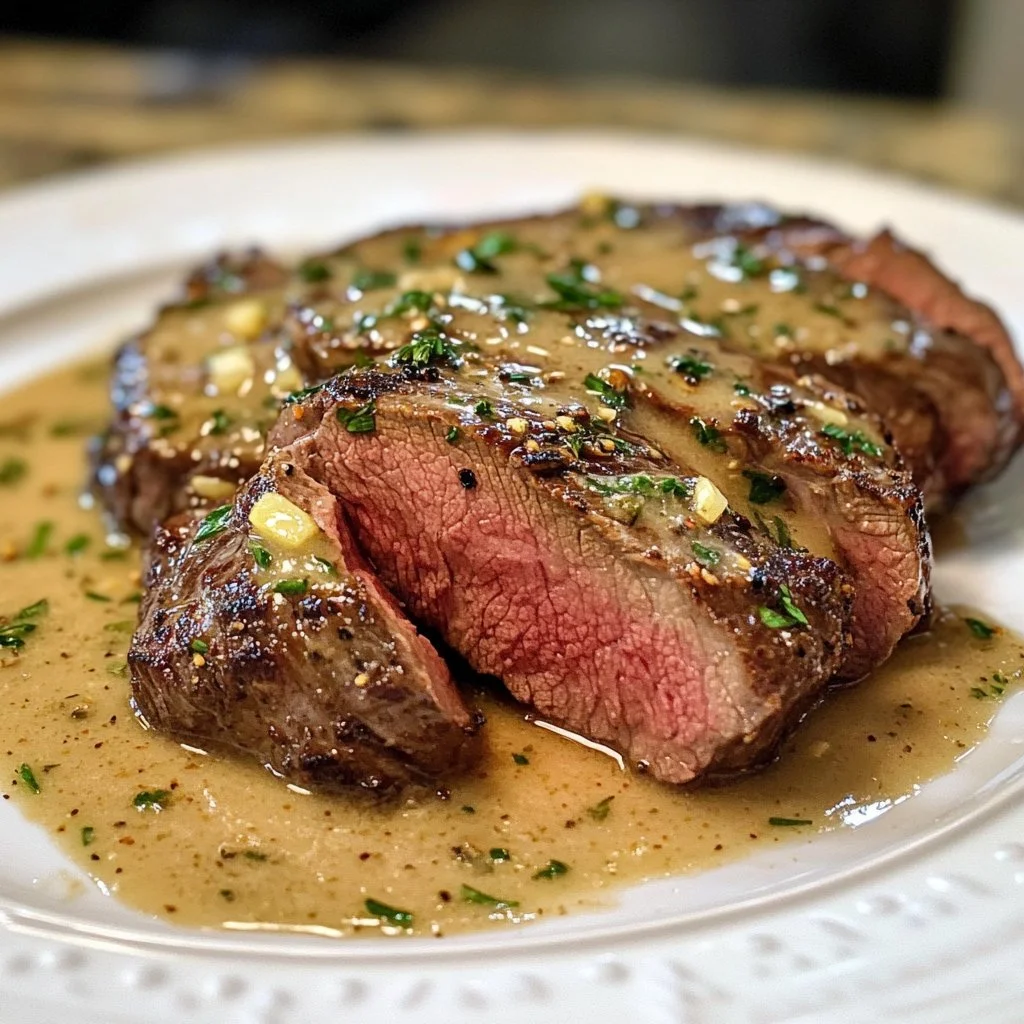 Venison backstrap with garlic butter sauce served on a plate