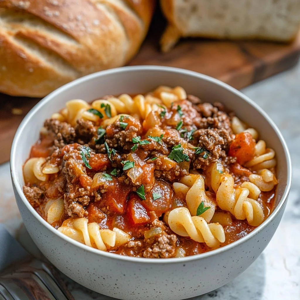 Delicious bowl of venison goulash served with fresh herbs and bread