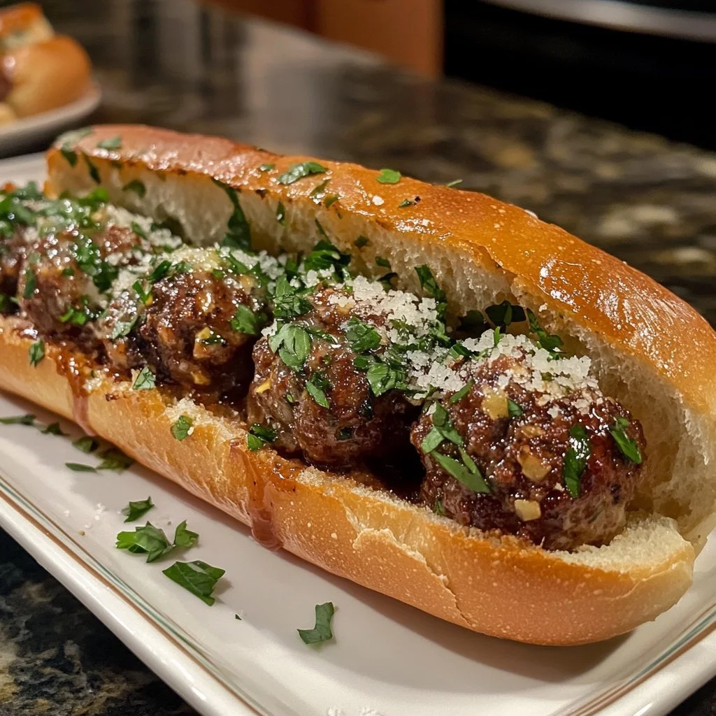 Delicious venison meatball sub sandwich topped with fresh ingredients