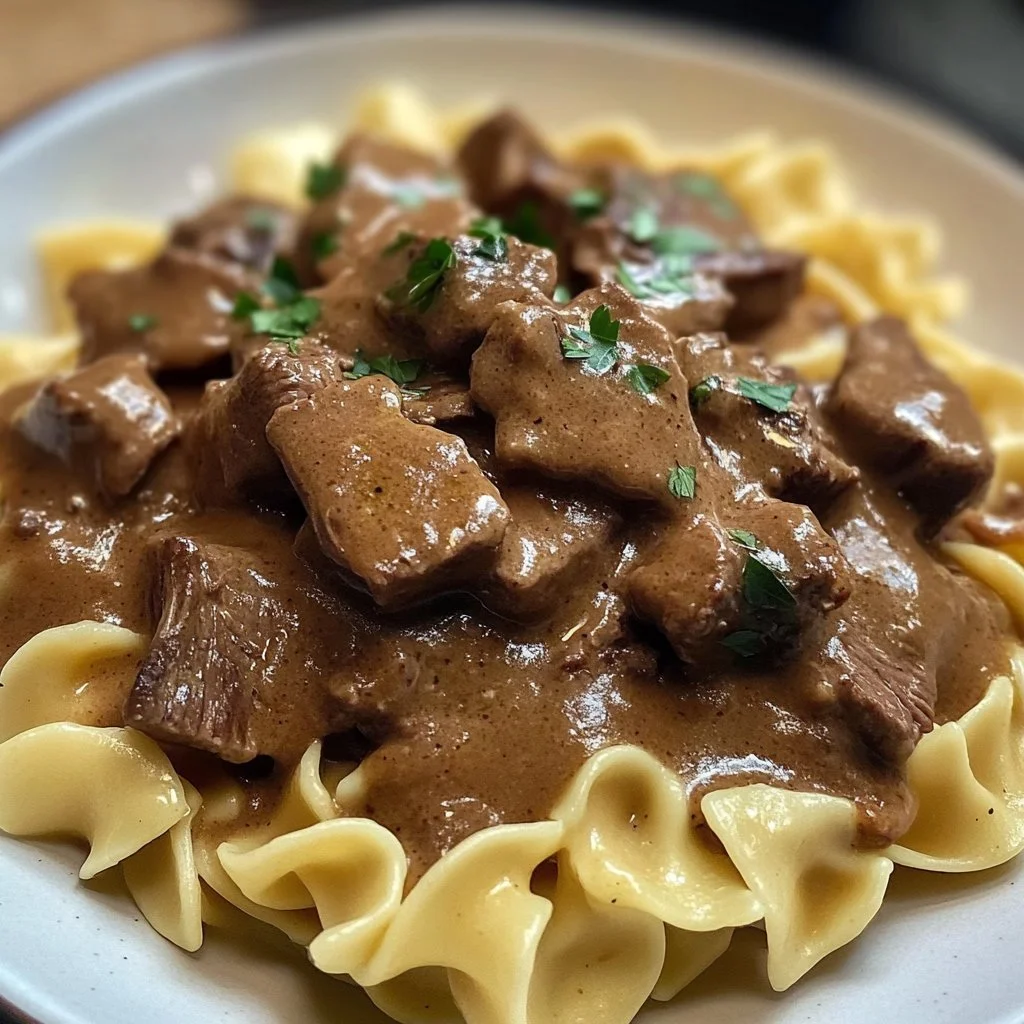 Delicious venison tips served with noodles in a savory sauce.