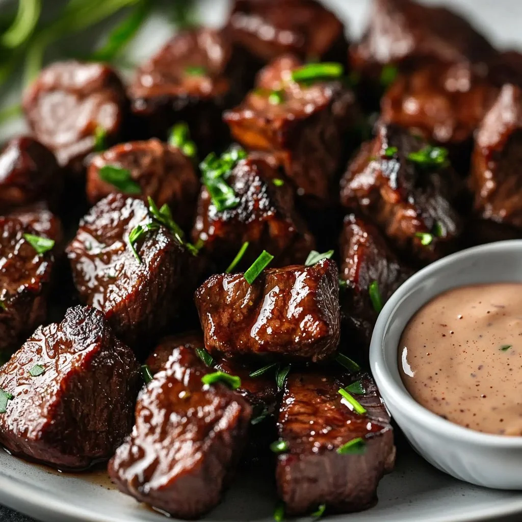 Plate of venison steak bites with creamy horseradish dipping sauce