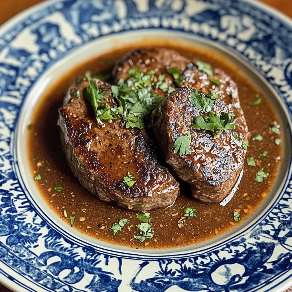 Plate of Venison Steak Diane with sauce and garnishes