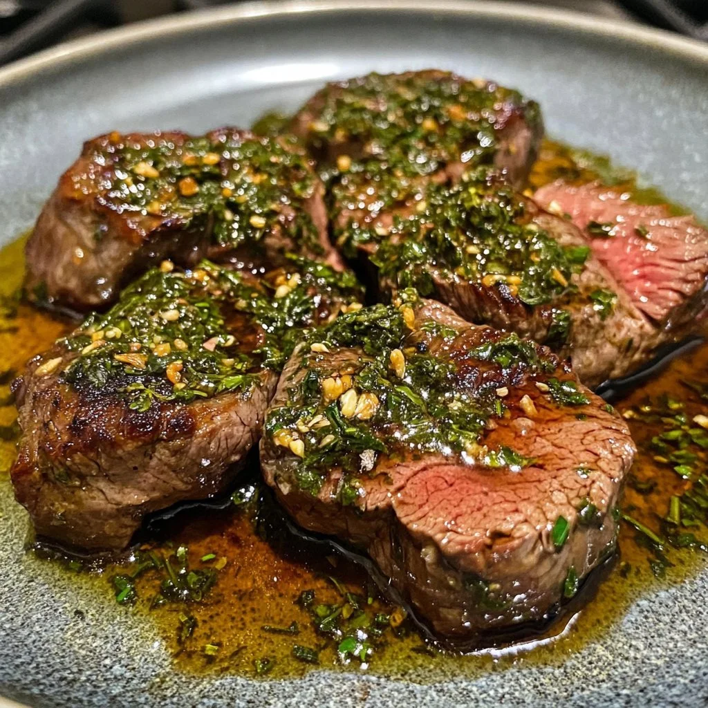 Grilled venison steak seasoned with oregano and garnished with herbs