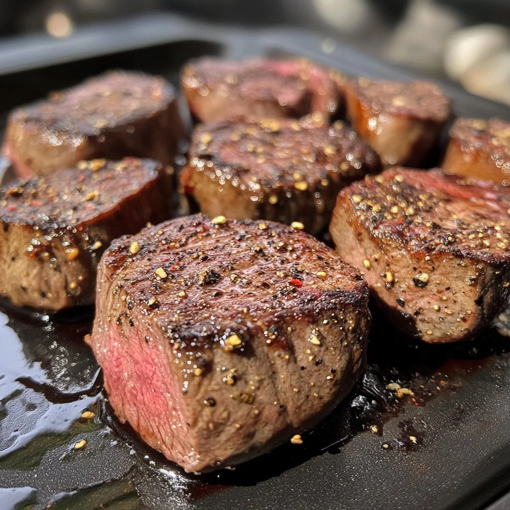 Juicy venison steaks grilled to perfection on a wooden cutting board.