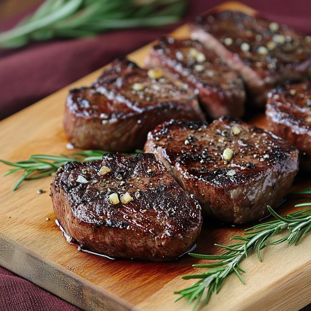 Delicious venison steaks served with garlic butter on a plate
