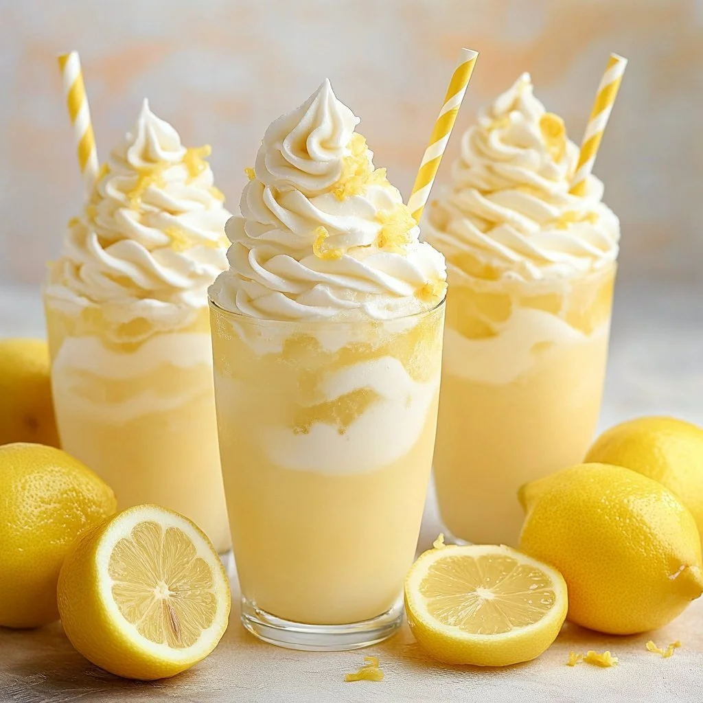 A refreshing cup of whipped lemonade topped with whipped cream and lemon garnish.