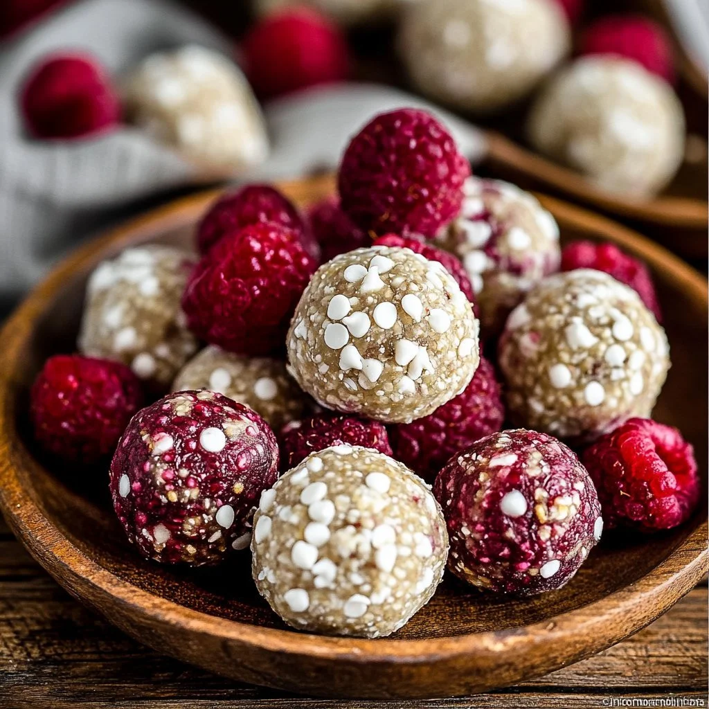 White Chocolate Raspberry Energy Balls packed with nutritious ingredients