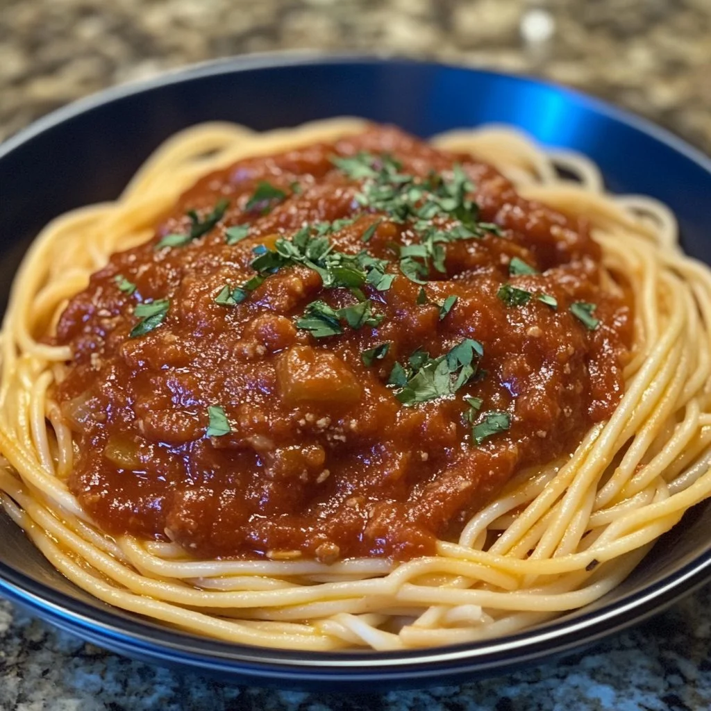 Authentic 130-year-old Italian spaghetti sauce in a rustic bowl