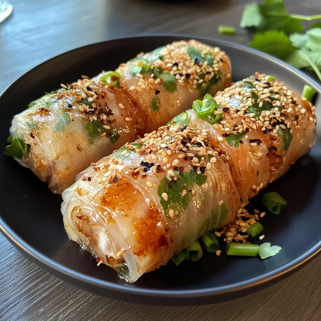 Crispy Air Fryer rice paper noodle rolls served with dipping sauce.