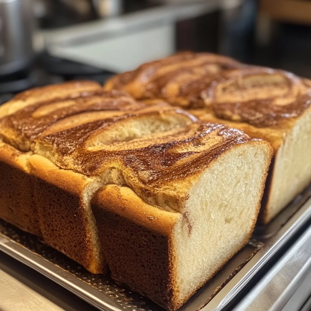 Loaf of freshly baked Amish Cinnamon Bread with a dusting of cinnamon sugar.