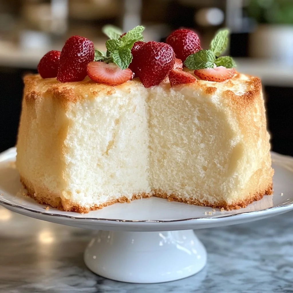 Deliciously fluffy Angel Food Cake slice topped with fresh berries