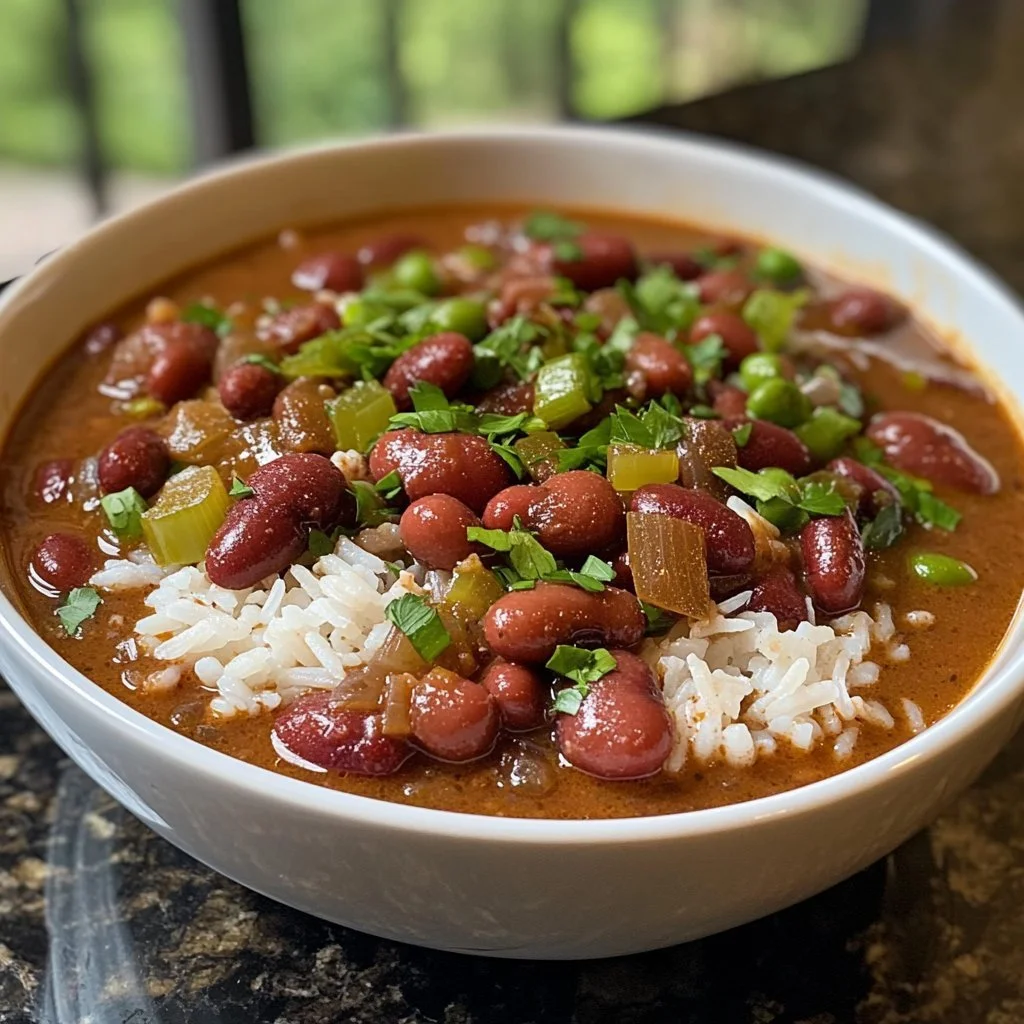 Bowl of authentic Louisiana red beans and rice topped with green onions