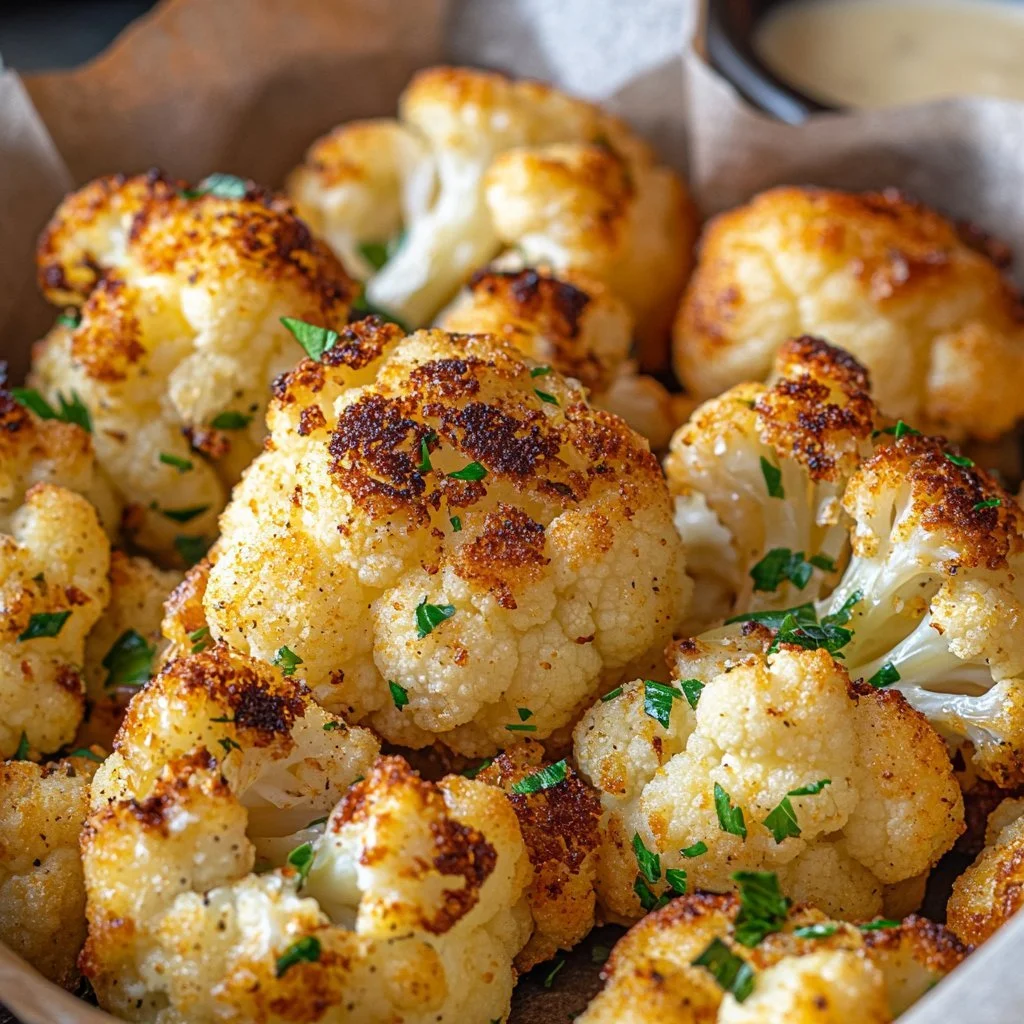 Oven-baked cauliflower with spices and herbs on a serving plate.