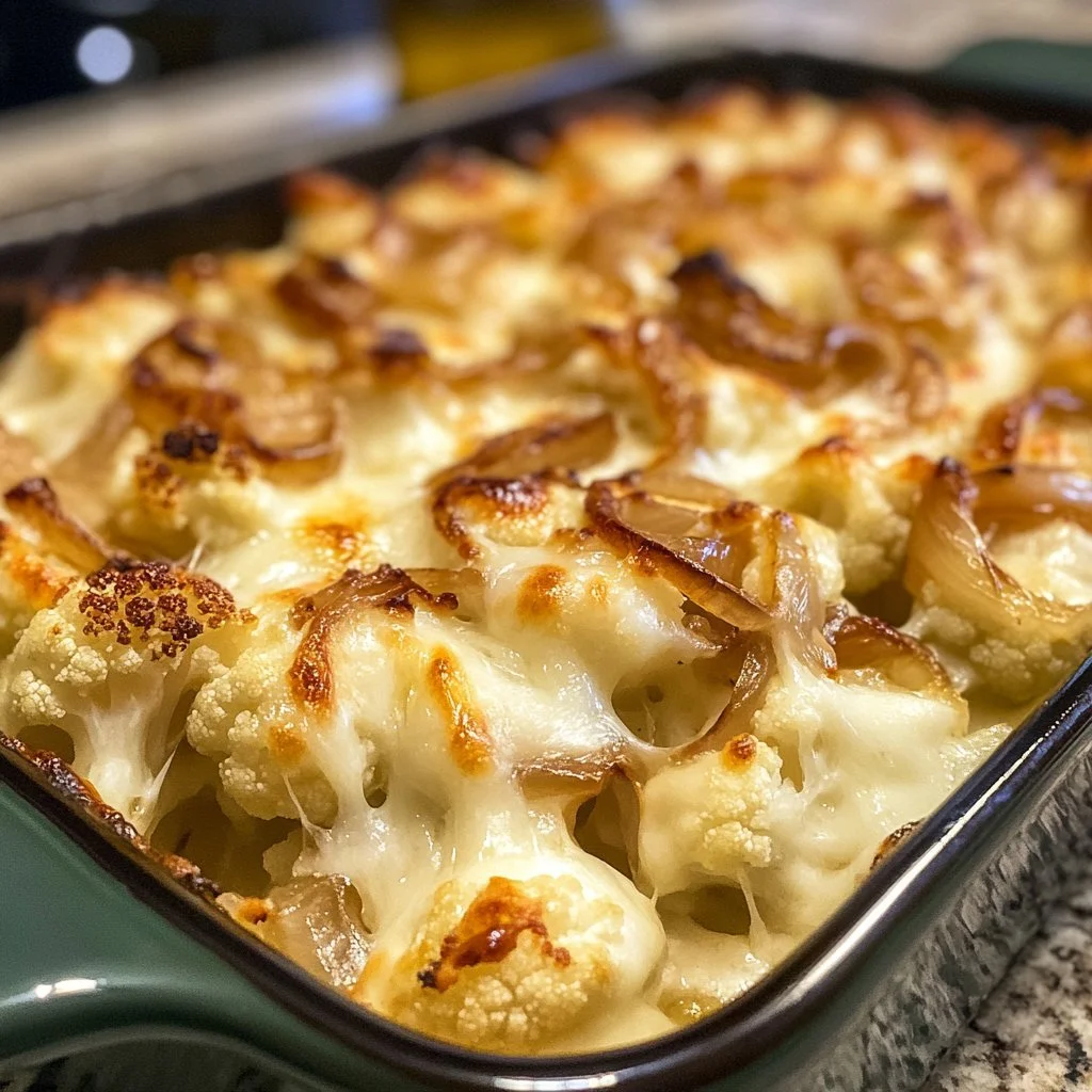 Delicious baked cauliflower topped with Gruyère cheese and caramelized onions