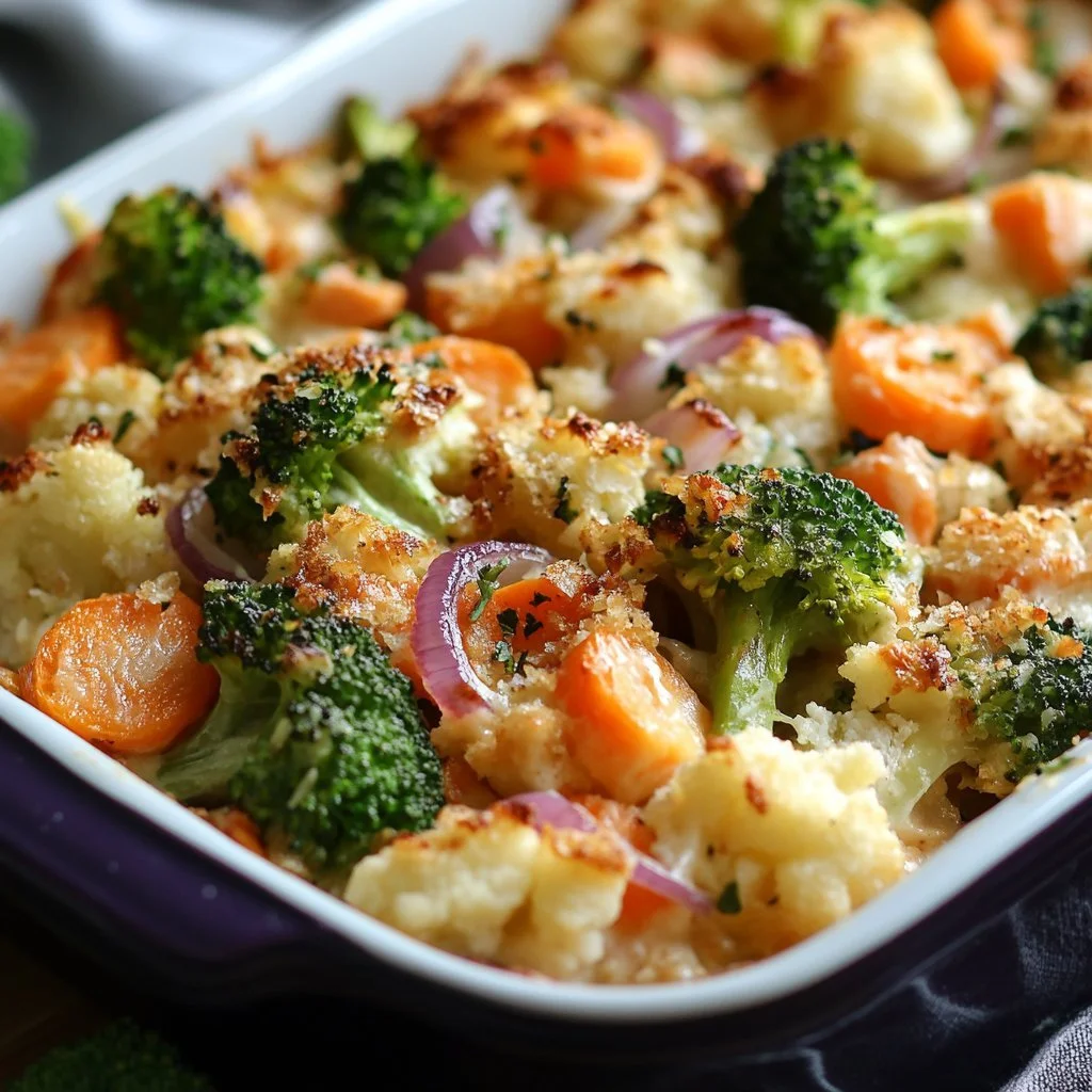 Colorful baked vegetable medley dish in a serving bowl
