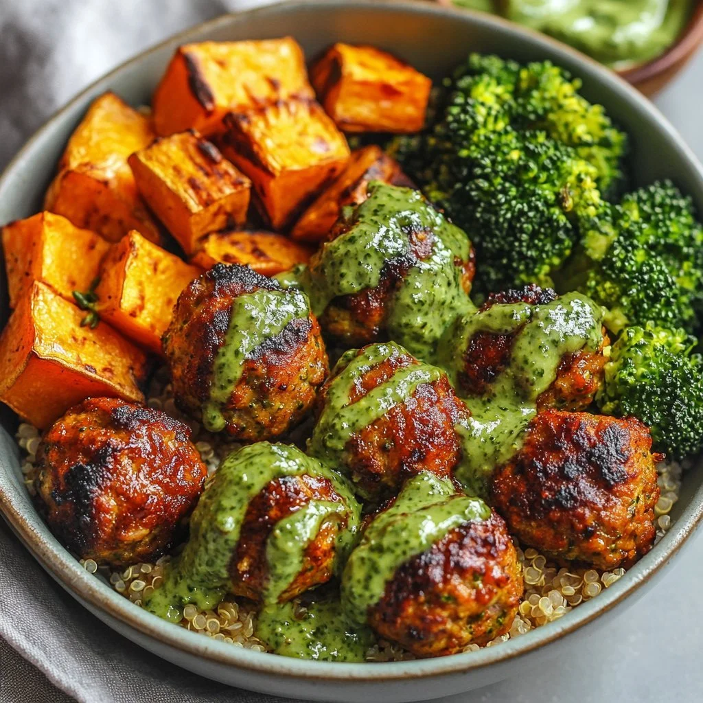 Barbecue meatball bowls garnished with avocado goddess sauce and fresh ingredients.