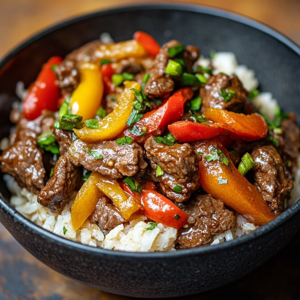 Delicious beef and pepper rice bowl with vibrant vegetables and fluffy rice