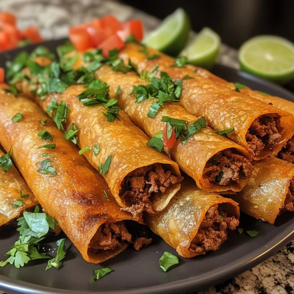 Plate of crispy beef taquitos with toppings and dipping sauce